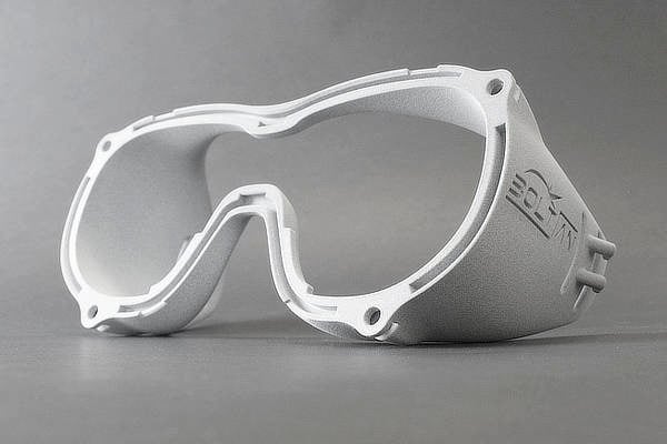Googles designed by Boltian and 3D printed with HP Multi Jet Fusion 5210 on PA12 nylon. Finish- unrefined grey